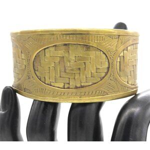 HANDMADE SOLID BRASS cuff bracelet inlaid herringbone pattern, lotus flower